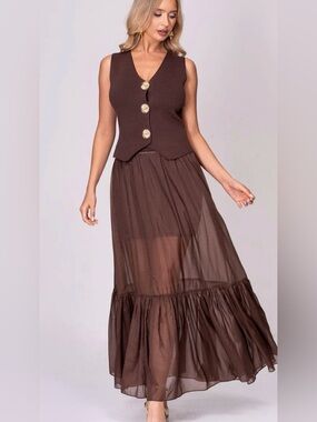 A339. Brown Maxi Skirt & Sleeve Top with Decorative Buttons